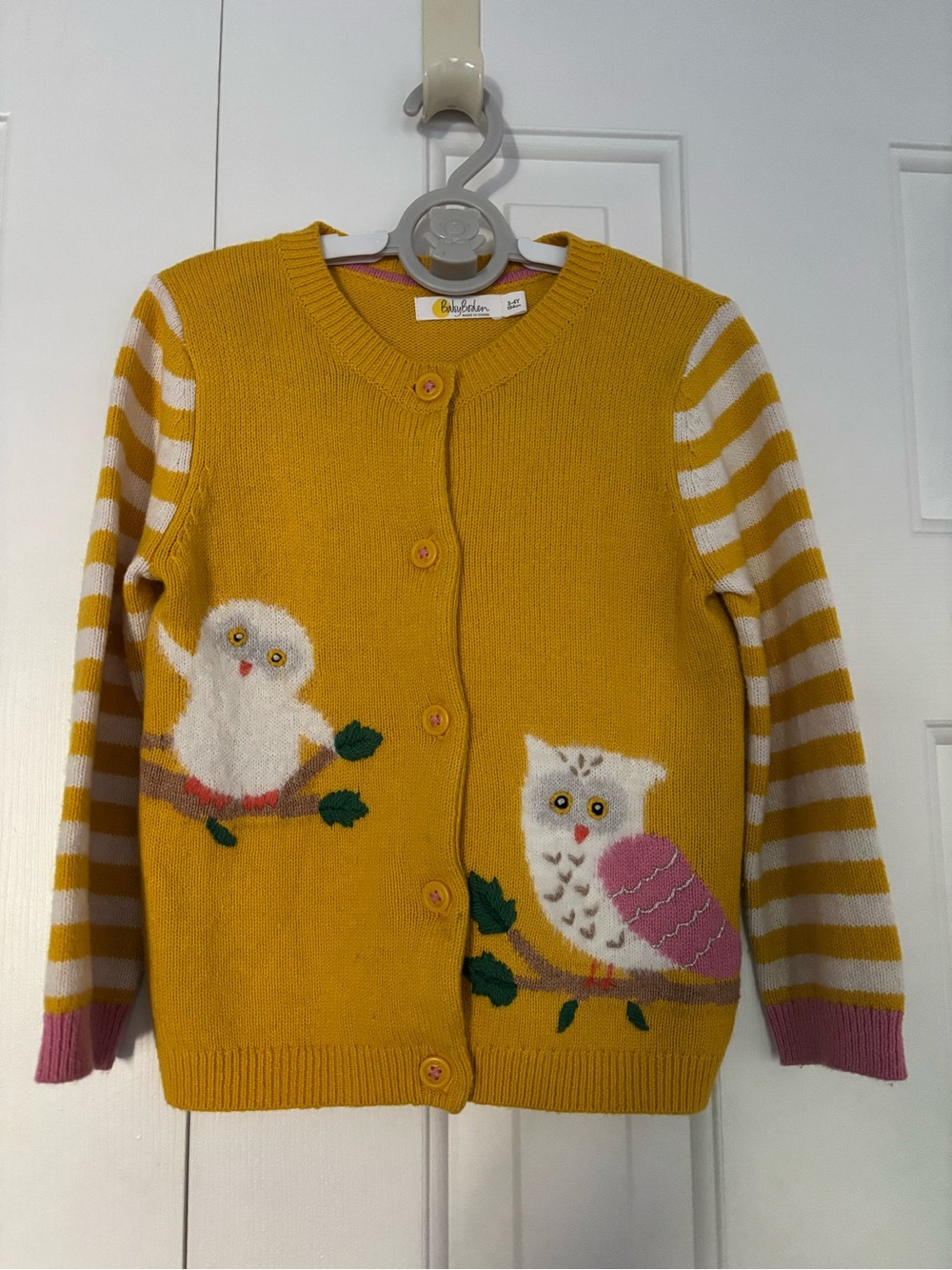 Mini Boden Girls Mustard Knit Cardigan with Owl Appliqués
